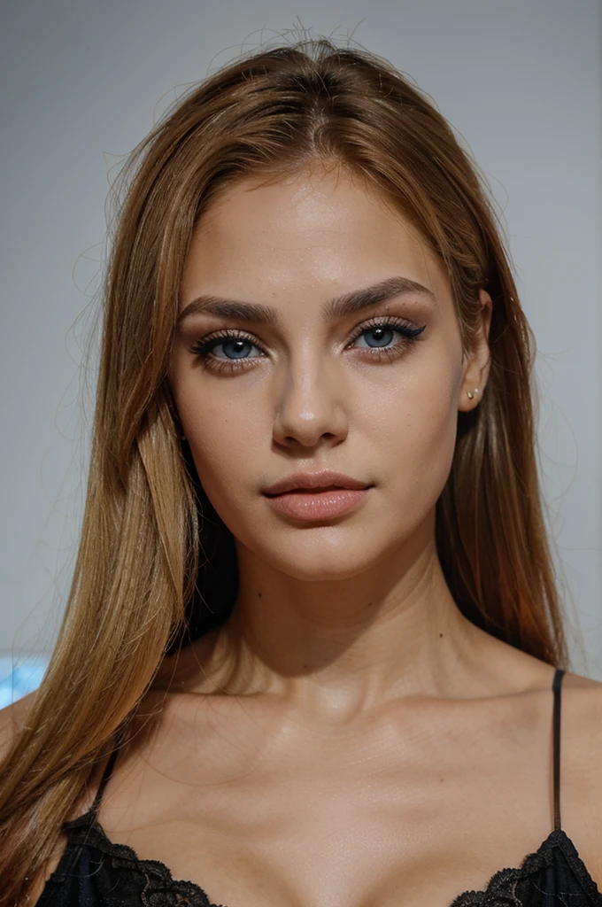 Rubia,color de ojos azules, labios grandes y cejas pobladas