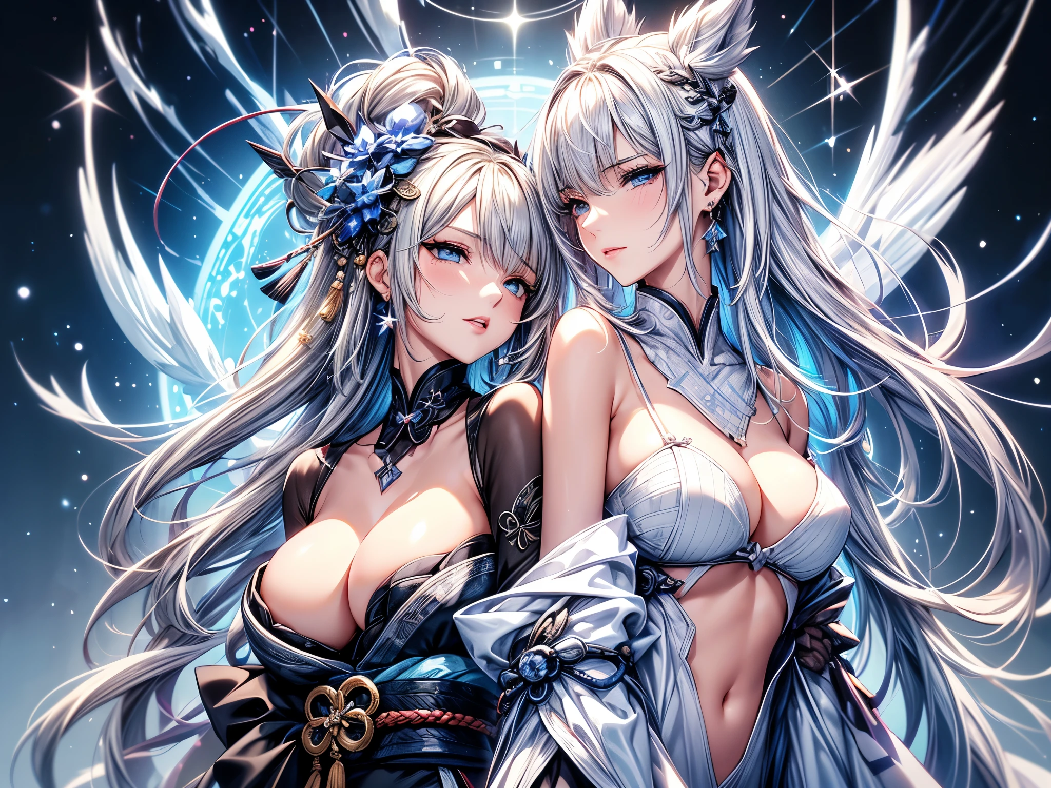 (Ultra-delicate), (Be focused), (high resolution), (((Silver hair with gradient stripes and light blue tail))), Cute beauty face, Fine facial textures, ((Light blue eyes)), thin eyebrows, long upper eyelashes, Double eyelids, Upper Eye, (super detailed eyes), Sexy lips, lip details, White skin, Delicate skin, Deformed depth of field blurred background, (Detailed background), Perfect layer cut, (full-body shot/Cowboy shooting/side view), wallpaper, Shimmer, complicated, familiar, (Onmyoji), particle, constellation, Stardust, Pentagram, ((Talisman)), mysterious, peaceful, Japan, Black, White Kimono, Fortune Telling, time and space, incantations, Yin Yang Liao, Artistic, 8k