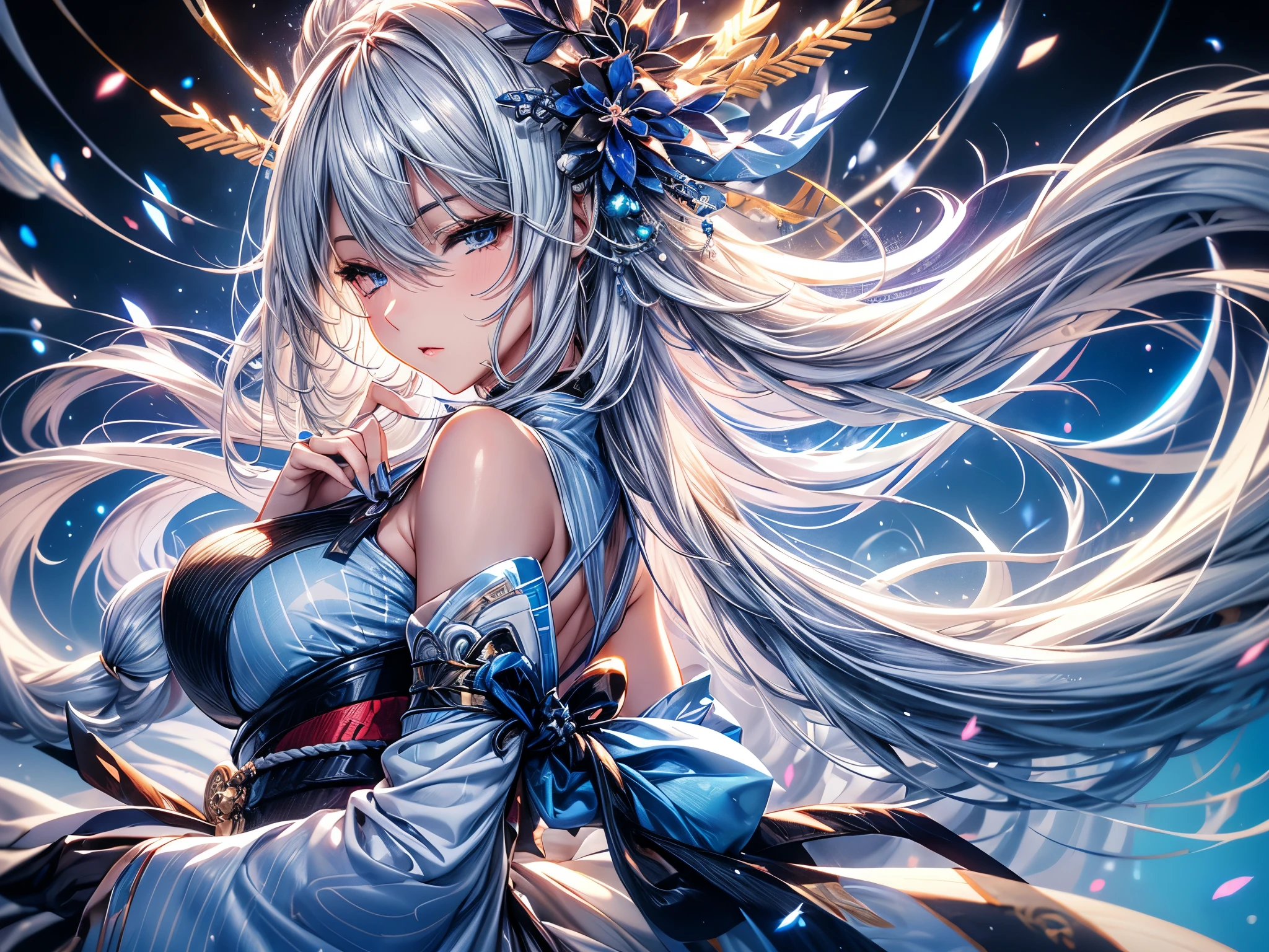 (Ultra-delicate), (Be focused), (high resolution), (((Silver hair with gradient stripes and light blue tail))), Cute beauty face, Fine facial textures, ((Light blue eyes)), thin eyebrows, long upper eyelashes, Double eyelids, Upper Eye, (super detailed eyes), Sexy lips, lip details, White skin, Delicate skin, Deformed depth of field blurred background, (Detailed background), Perfect layer cut, (full-body shot/Cowboy shooting/side view), wallpaper, Shimmer, complicated, familiar, (Onmyoji), particle, constellation, Stardust, Pentagram, ((Talisman)), mysterious, peaceful, Japan, Black, White Kimono, Fortune Telling, time and space, incantations, Yin Yang Liao, Artistic, 8k