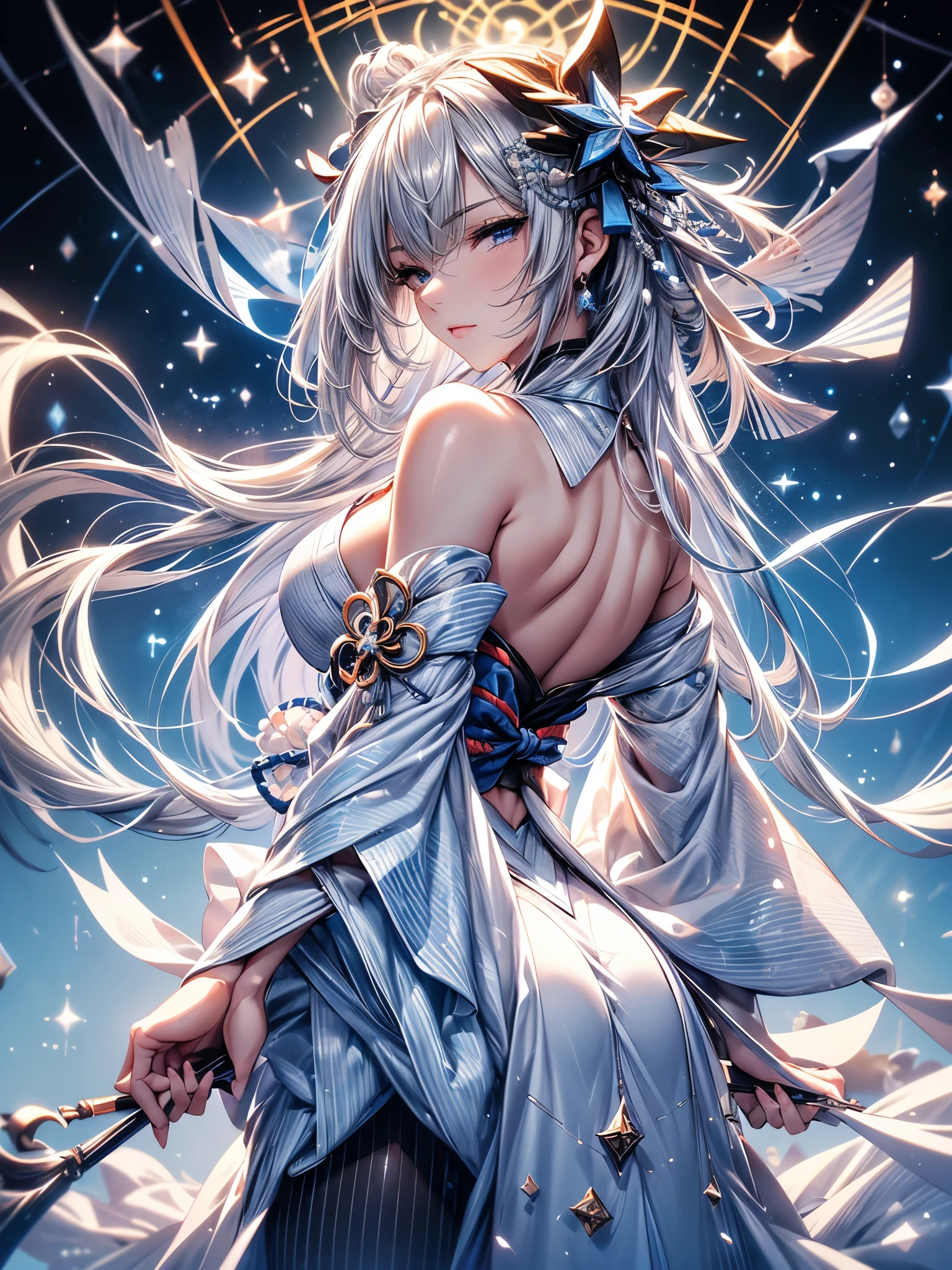 (Ultra-delicate), (Be focused), (high resolution), (((Silver hair with gradient stripes and light blue tail))), Cute beauty face, Fine facial textures, ((Light blue eyes)), thin eyebrows, long upper eyelashes, Double eyelids, Upper Eye, (super detailed eyes), Sexy lips, lip details, White skin, Delicate skin, Deformed depth of field blurred background, (Detailed background), Perfect layer cut, (full-body shot/Cowboy shooting/side view), wallpaper, Shimmer, complicated, familiar, (Onmyoji), particle, constellation, Stardust, Pentagram, ((Talisman)), mysterious, peaceful, Japan, Black, White Kimono, Fortune Telling, time and space, incantations, Yin Yang Liao, Artistic, 8k