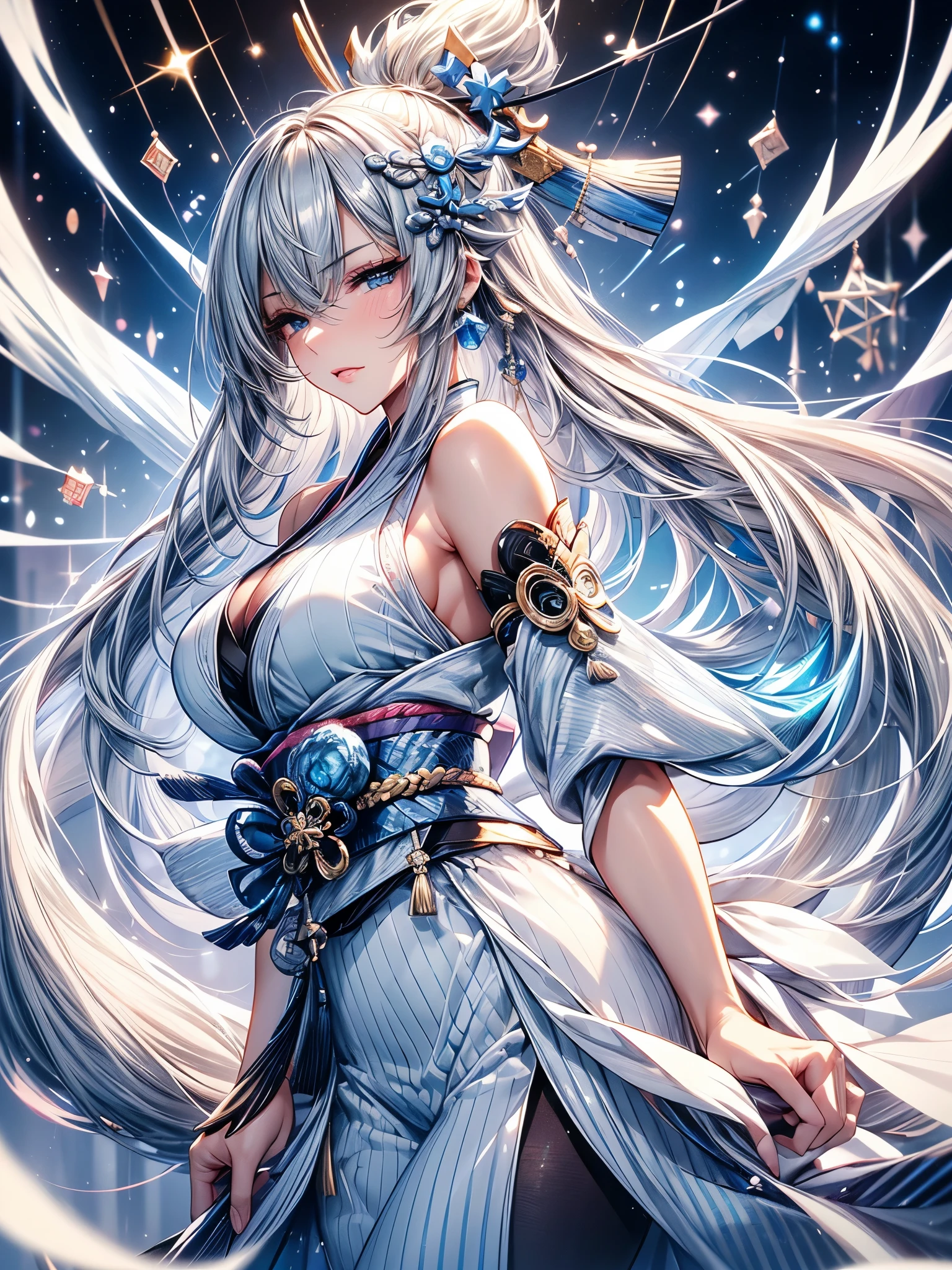 (Ultra-delicate), (Be focused), (high resolution), (((Silver hair with gradient stripes and light blue tail))), Cute beauty face, Fine facial textures, ((Light blue eyes)), thin eyebrows, long upper eyelashes, Double eyelids, Upper Eye, (super detailed eyes), Sexy lips, lip details, White skin, Delicate skin, Deformed depth of field blurred background, (Detailed background), Perfect layer cut, (full-body shot/Cowboy shooting/side view), wallpaper, Shimmer, complicated, familiar, (Onmyoji), particle, constellation, Stardust, Pentagram, ((Talisman)), mysterious, peaceful, Japan, Black, White Kimono, Fortune Telling, time and space, incantations, Yin Yang Liao, Artistic, 8k