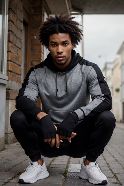 Homme à la peau marron hétéro cheveux noir afro yeux verts taille grand skinny en jogging noir et large sweat avec capuche