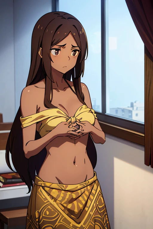 ((best quality)), ((masterpiece)), (detailed), perfect face, brown skin anime woman in a deep V Neck front-tie top, (bare shoulders), (long skirt), (cool patterned top), famished in hunger, (gently resting hands on stomach), (long hair), (hands on her stomach), (slim and fit woman), (embarrassed expression)