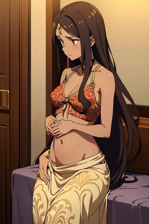 ((best quality)), ((masterpiece)), (detailed), perfect face, brown skin anime woman in a deep V Neck front-tie top, (bare shoulders), (long skirt), (cool patterned top), famished in hunger, (gently resting hands on stomach), (long hair), (hands on her stomach), (slim and fit woman), (embarrassed expression)
