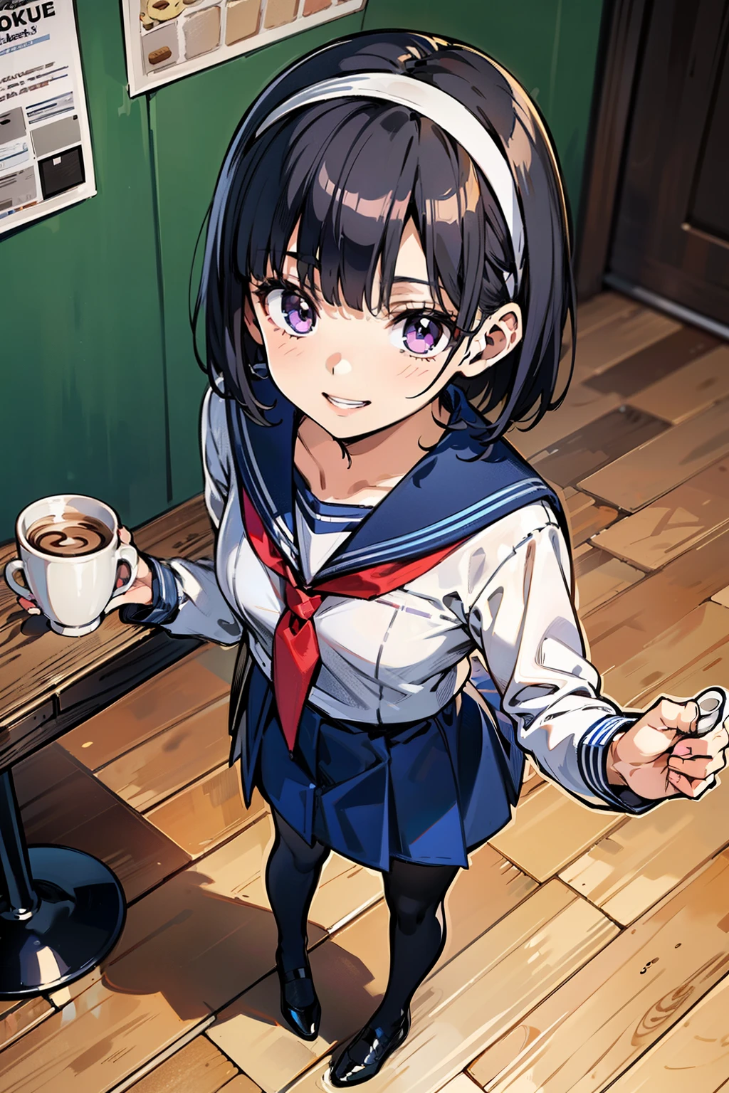 sailor uniform, sailor suit, one woman, (A beauty woman, Delicate high school girl:1.3), 8K, highest quality, masterpiece, Very detailed, Ultra-high resolution, Realistic, RAW Photos, Absolute Resolution, Black Hair, Bobcut, Small face compared to body, Very small face, Black Hair, ((Navy blue sailor suit)), Navy Blue Skirt, High school girl in sailor suit, 2D Rendering of Anime, Realistic若いアニメの女子高生, , ((White headband)), Small breasts, tall, Slanted Eyes, Purple Eyes, Black Stockings, garter belt, toothless smile, Private room, (Hold a coffee cup in your right hand:1.3), (Hold a cookie in your left hand:1.3), (from above:1.4), Open your mouth, smile, full body, 