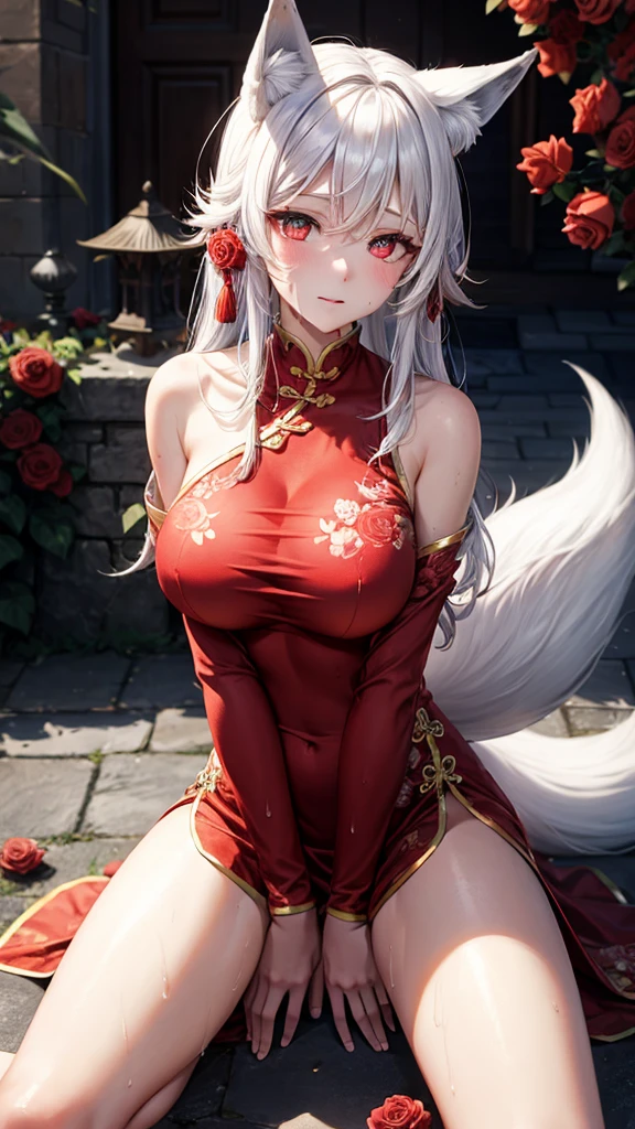 White hair、red eyes、Beautiful girl alone、Fluffy white dresses、off shoulders、Western-style castle、Bright red roses、((fox ears)),steam,wet clothes ,china dress,(masterpiece), best quality, expressive eyes, perfect face,w sitting, w sitting on ground, arm between legs, both arm between legs,big breast, good breast