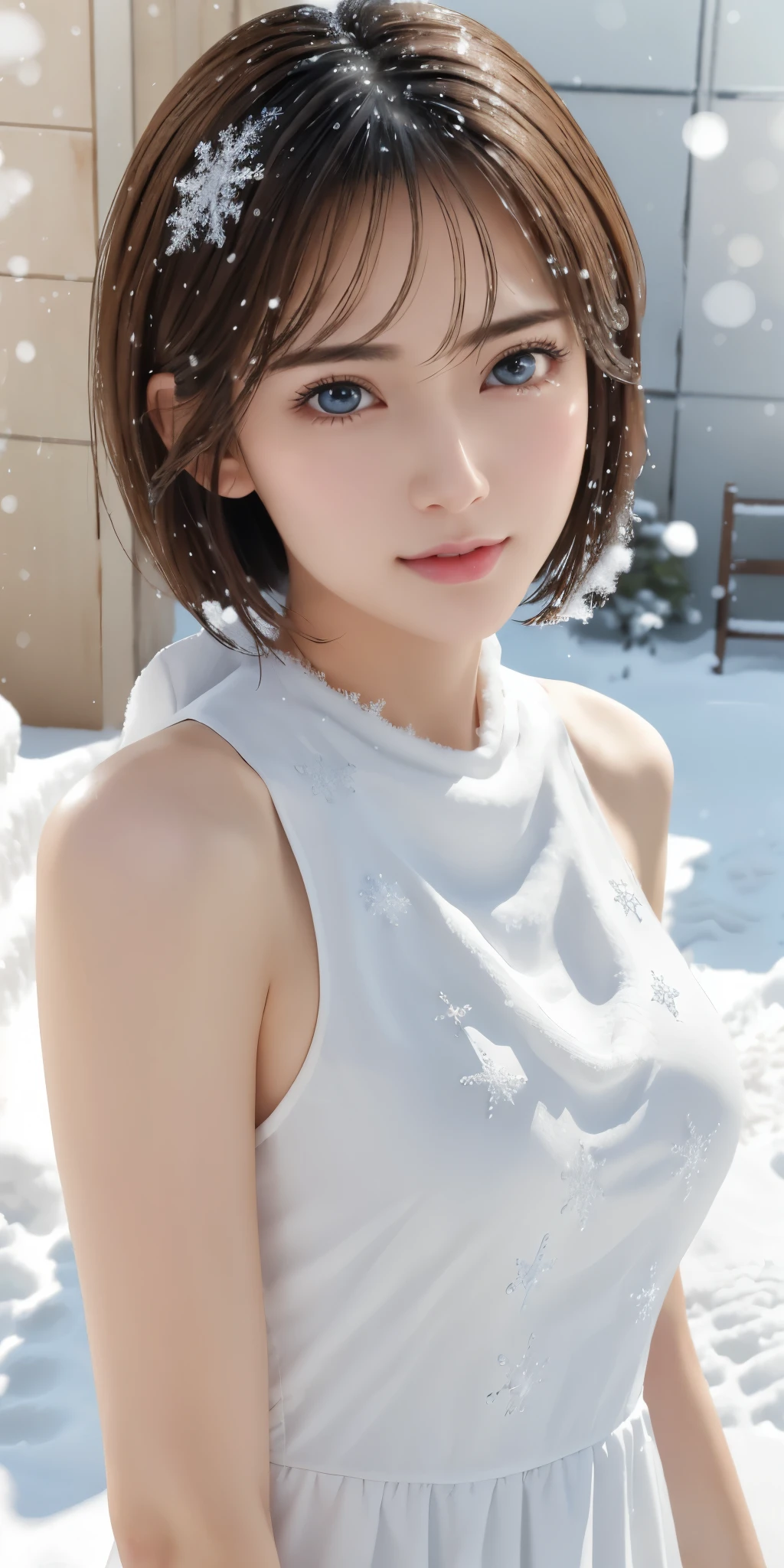 Photorealistic、highest quality、Highest quality、masterpiece、Ultra-high resolution、Raw photo、Realistic、Bright lighting、Face Light、Smooth Professional Lighting、Looking at the camera、alone、Adult women、Beautiful woman、Super Beauty、Realistic肌、Moisturized Skin、Realistic eyes and faces、Perfect model body shape、Beautiful Eyes、Big eyes、Inconspicuous tear bags、slim、Medium sized big breasts、Beautiful fingers、Very short hair、Black Hair、black eye、seems to be happy、Cowboy Shot、(Both ears are hidden in the hair)、(((Snow Dress)))、(((Ice Dress)))、Fantasy World、Shirogane World、The snow queen、Ice Magic、Ice statues、Ice Country、