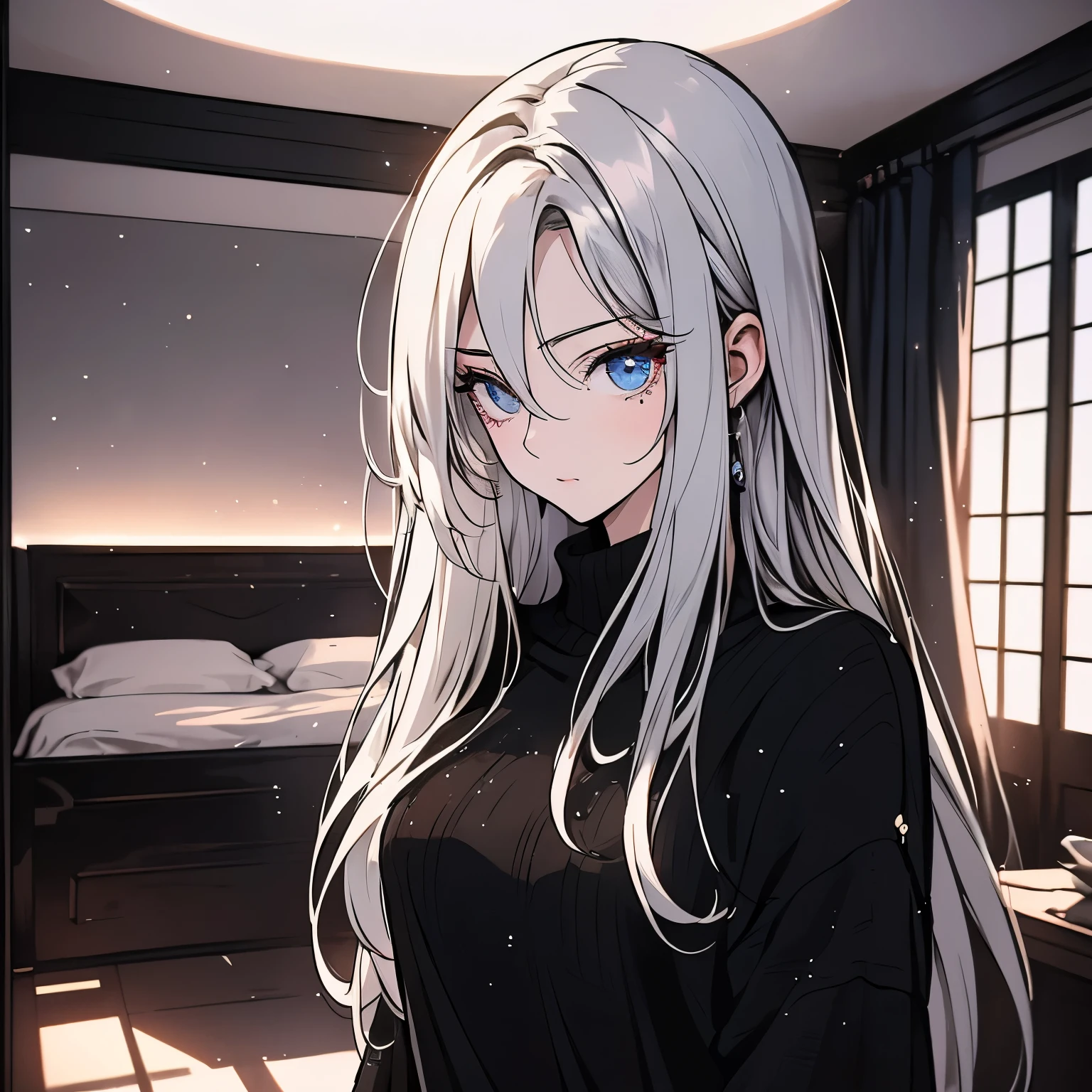 A white hair,Twenty-year-old girl in a black sweater standing in the bedroom of the house,Expression of indifference,Open your mouth(Upper body display:1.5)(cinematic lighting:1.5))(ultra-high detail:1.5)(best quality:1.5)