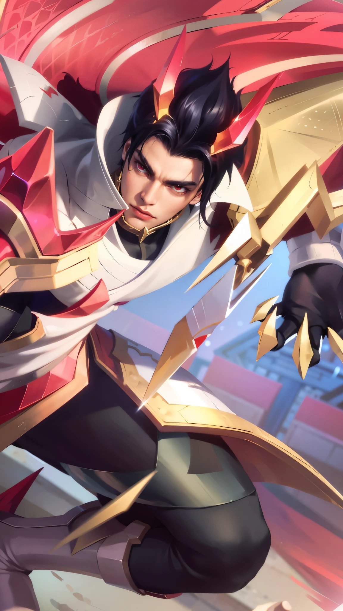 a close up of a guy with a sword and a red cape, son of sparda, handsome guy in demon slayer art, Best quality, masterpiece, detailed skin texture, detailed clothes texture, detailed face, super detail, 8k, intricate detail, The color doesn't change, Muscle guy, 1 guy, red eyes.
