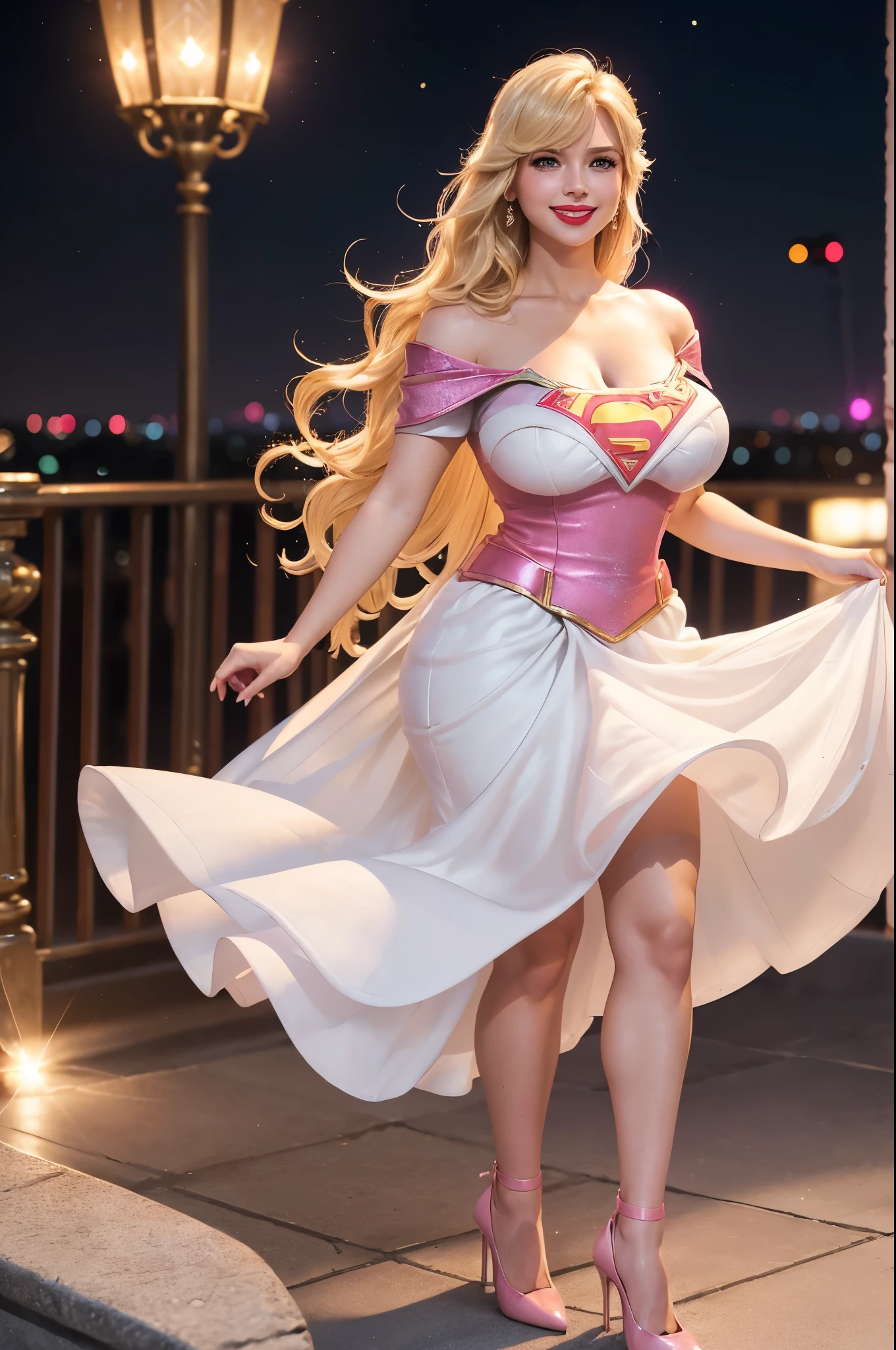 Queen Elsa, 27 years old, full body shot, Beautiful woman (((shoulder length wavy blonde hair))) (bangs:1.2) defined body, Red lipstick, smiling, hands free, standing, (huge_breasts:1.1) (( short sleeve, sparkling pink bodice, white high heels and white long dress of supergirl)), rooftop city night, (curvy:1.1)