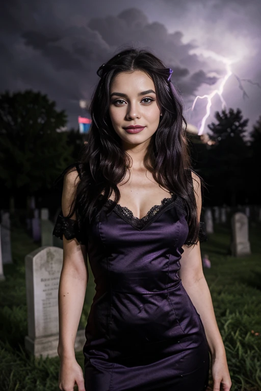 a woman, 25ear old, long brunette hairs,  textured skin, romantic smile, purple and black  hairs, professionnal lightning, flash lightning, in a cemetery, by night, black and purple makee up, black lace dress, spooky, 
