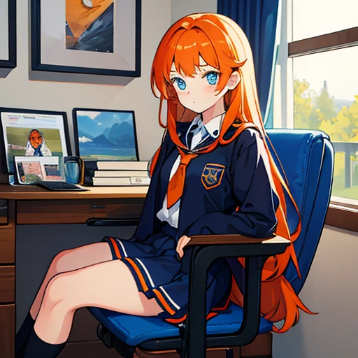 13 years old girl, 5'7, blue and wide eyes, black and  half orange hair, long hair with horse style, wearing a student uniform, sitting on a school chair