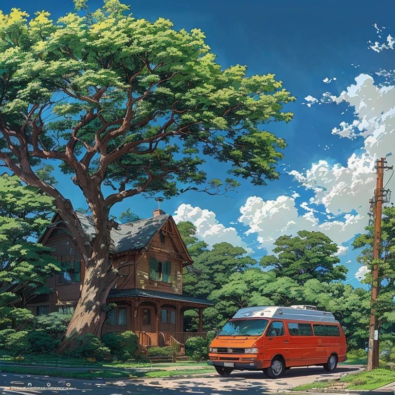 painting of a van parked in front of a house with a tree, ghibli artstyle, bussiere rutkowski andreas rocha, studio ghibli and dan mumford, studio ghibli artstyle, ghibli art style, greg rutkowski studio ghibli, highly detailed digital painting, ghibli vibe, studio ghibli art style, digital painting highly detailed, anime background art, ghibli studio style