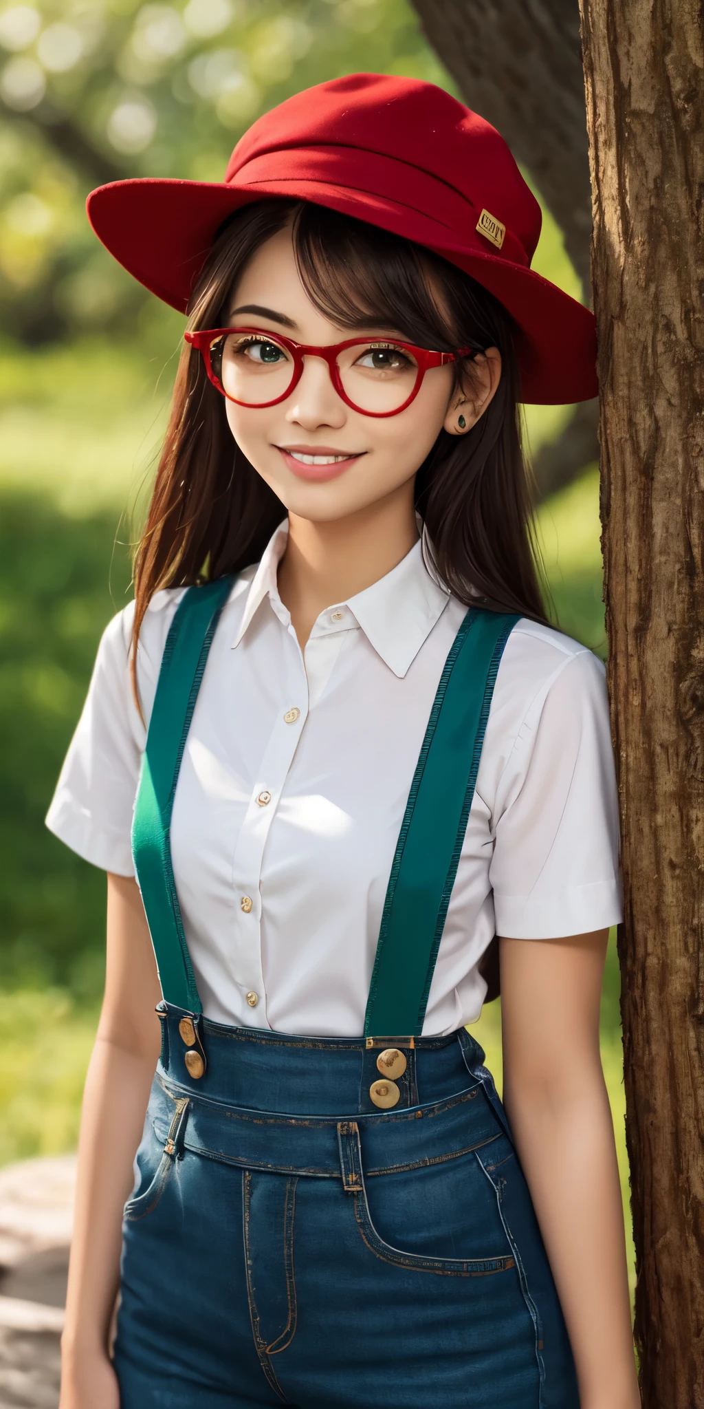 ((obra de arte, melhor qualidade)), Aston Machan (umamusume),, sorriso, seios grandes, tronco, , mangas compridas, camisa branca, babados, Saia verde, button, coxas pretas, suspender, , with glasses, glasses with red frame, red hat crown, , olhos loucos, olho brilhante, ,