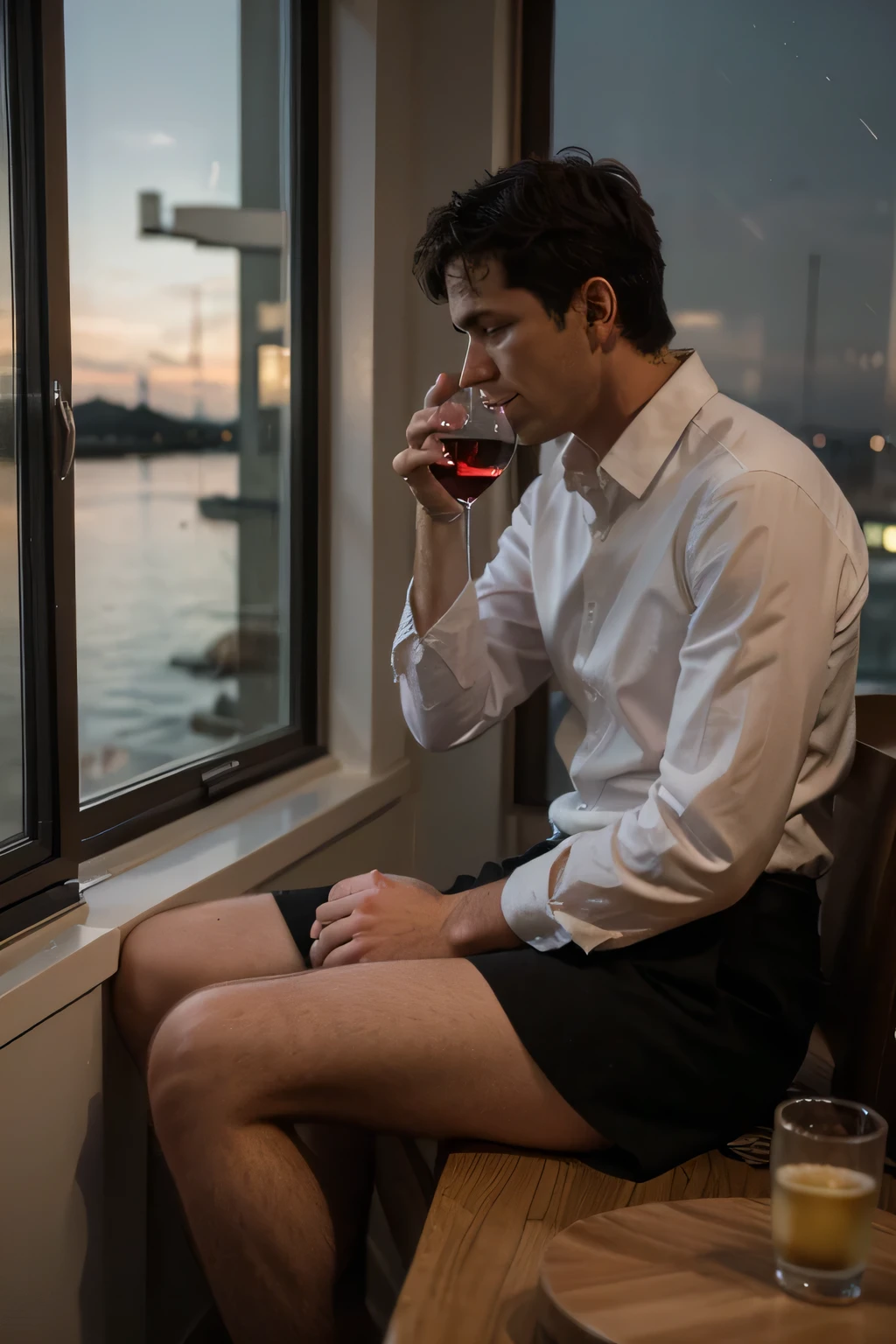 Lonely man drinking wine at the seventh floor window at night looking at the lake