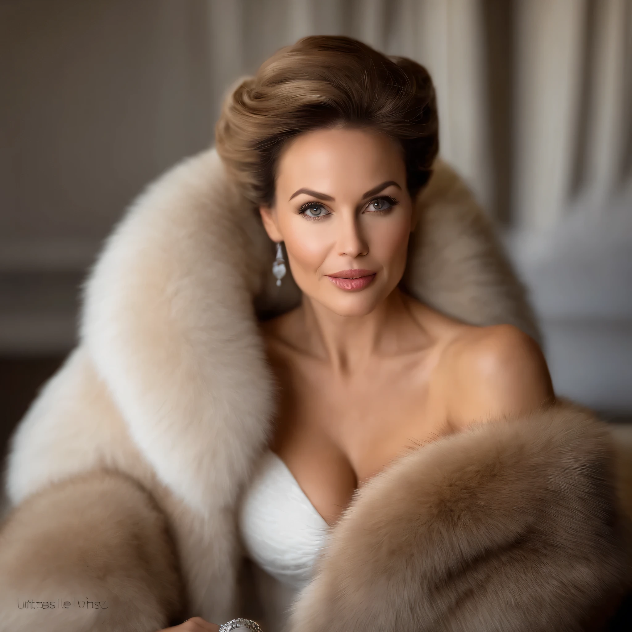 35 ans,(Une MILF:1.2), un regard captivant, yeux verts, cheveux blonds,A very wide and very thick, very short sand mink fur coat, fifty centimeters thick, duveteux, naturel, with an ultra thick white and sand mink fur collar, three layers, souriante, fully nude front view, bare shoulders, and two large breast discovered by the fur, Sosie de la vieille femme Carla Gugino, Detailed wrinkles (8K, high resolution, Ultra-quality, A quality of&#39;image ultra élevée, ultrarealistic, best quality:1.2) (gros seins en bonnet D:1.1), eyes visible through the hair, with silver gray hair, bobbed hair, Bonne position des yeux, cinematic light, Soft light, lombes, la nuit, detailed color background, Convoluted, Very detailed, 8K, Overall Silhouette, posant professionnellement sur un canapé penthouse, En regardant directement la caméraUne photo d&#39;une femme souriante Nikon D850, objectif 85 mm