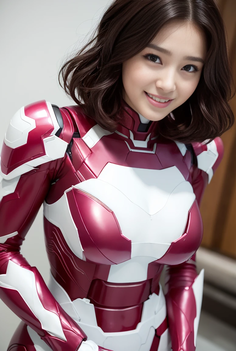 (super highest quality、In 8K、Masseter muscle area、Delicate illustrations、Whole Body Ezbian:1.1、Big Breasts:1.4),Wearing a distressed pink and white Iron Man suit、A beautiful and attractive 25-year-old Japanese woman、Plump body、Black curly hair、smile