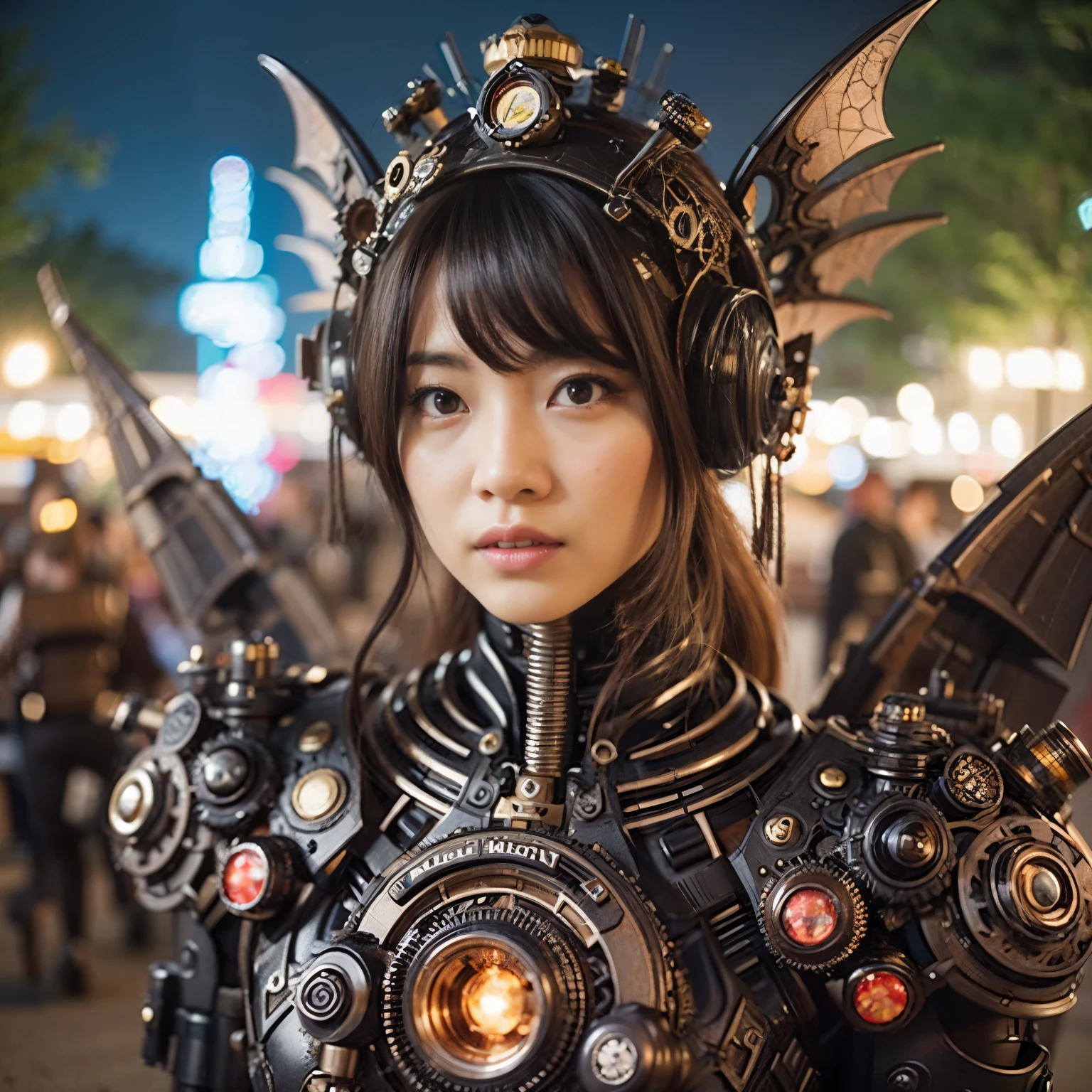 Masterpiece, (ultimate quality:1.2), 8k, Japanese woman in demon-type powered suit, very beautiful face, mechanical, (mechanical bat wings), hydraulic cylinder, power pipe, ultimately intricate details, full body shot, (ultimate photo Realistic:1.37), Park with a beautiful view at night, (Steampunk: 1.2), (Cyberpunk), Full body photo, Wide-angle shot,