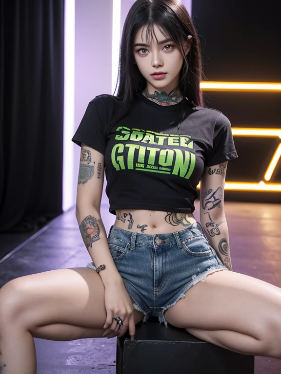 young girl, (16 years old), (perfect face), fit the body (covered with tattoos), (style: rock), (have green eyes), (Full body only..), (tired: black band t-shirt, ripped jean shorts ), (purple, short, straight hair), (moderate, rounded chest), (in the background, rock style night club).
