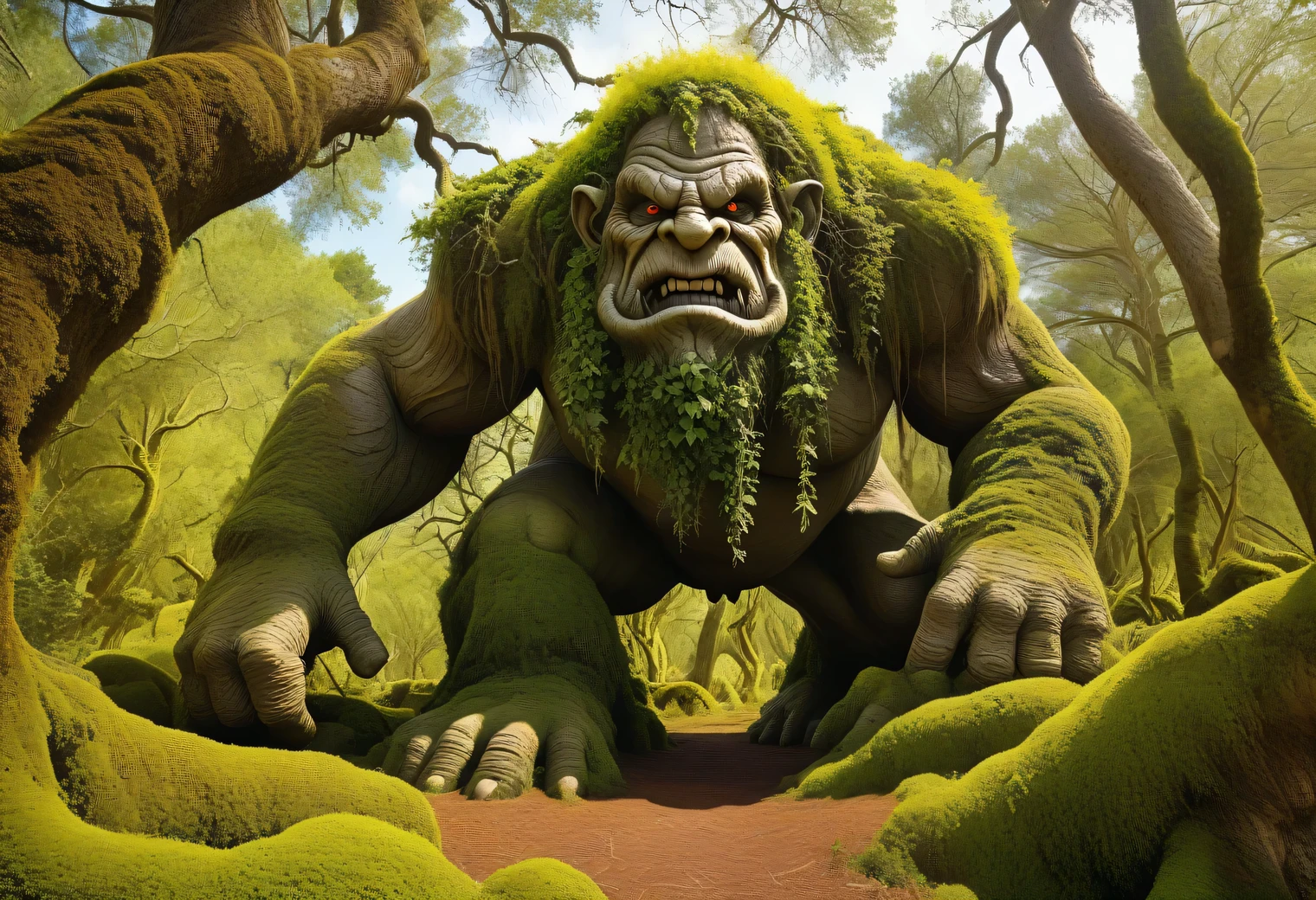 Aesthetics of Vector graphics, surreal image of a large humpbacked forest troll with gnarled trees and bushes, growing on his hump, The troll&#39;s hump is covered with moss and grass, Vector graphics, The fairy Tinker Bell flies away from the Goblin, the goblin wants to catch the fairy Tinker Bell with his paw, a high resolution, clear contours, colorful gradients