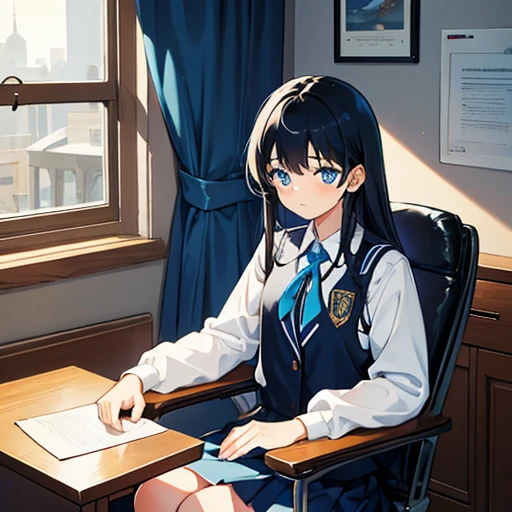 13 years old girl, 5'7, blue and wide eyes, black hair, long hair with horse style, wearing a student uniform, sitting on a school chair