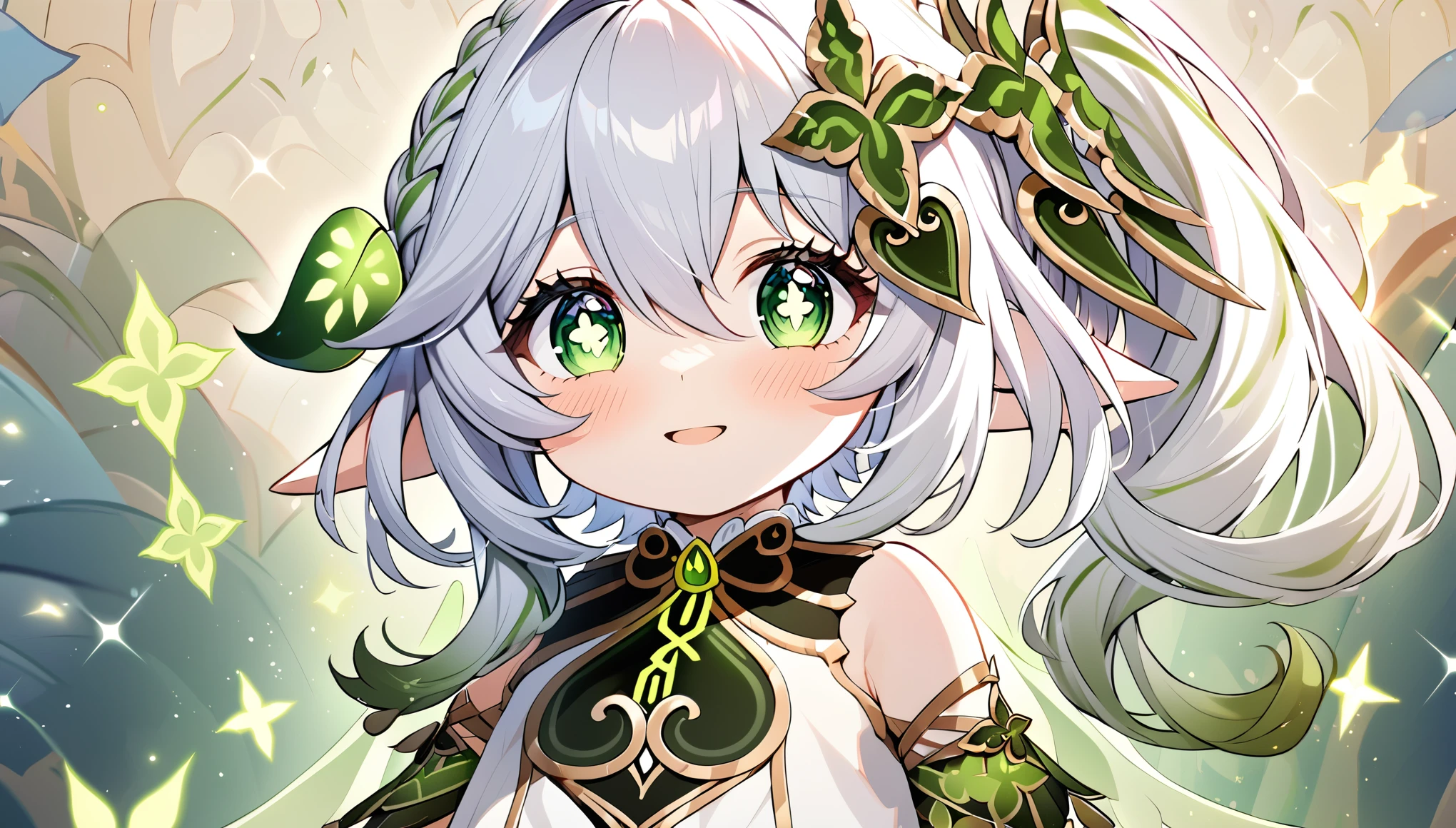 (((ultra detailed))), wallpaper, nahida \(genshin impact\), cross-shaped pupils, green eyes, white hair, sparkles, dramatic light source, [blush, happy], loraeyes