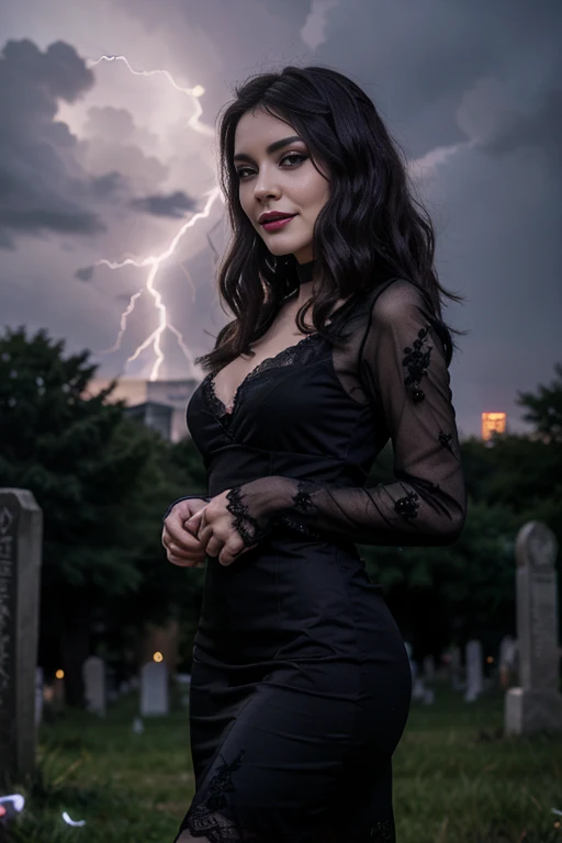 a woman, 25ear old, long brunette hairs, textured skin, romantic smile, purple and black hairs, professionnal lightning, flash lightning, in a cemetery, by night, black and purple makee up, black lace dress, spooky,