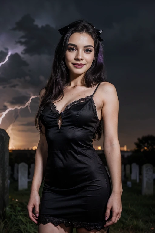 a woman, 25ear old, long brunette hairs, textured skin, romantic smile, purple and black hairs, professionnal lightning, flash lightning, in a cemetery, by night, black and purple makee up, black lace dress, spooky,