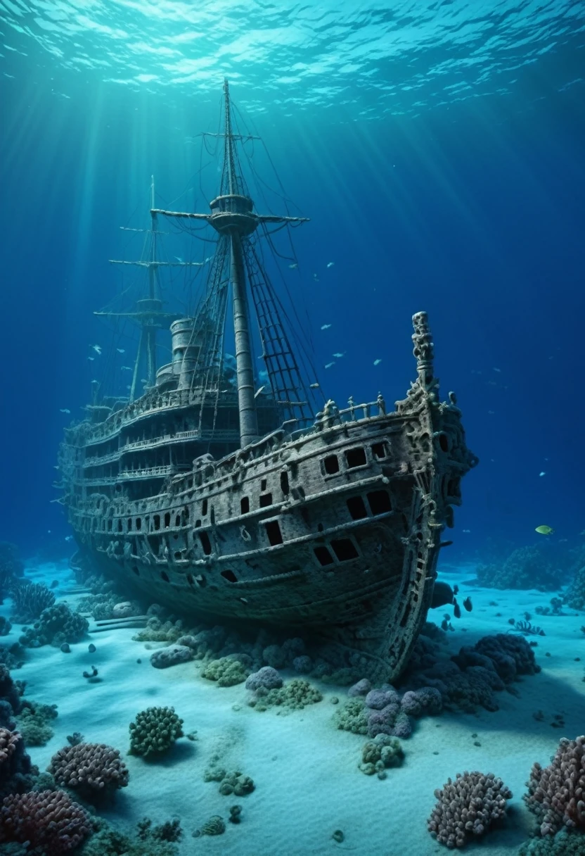 A ghostly shipwreck, resting hauntingly, spectral, forgotten, on the ocean floor, 1980s nostalgia, outrun style, (masterpiece, best quality, Professional, perfect composition, very aesthetic, absurdres, ultra-detailed, intricate details:1.3)