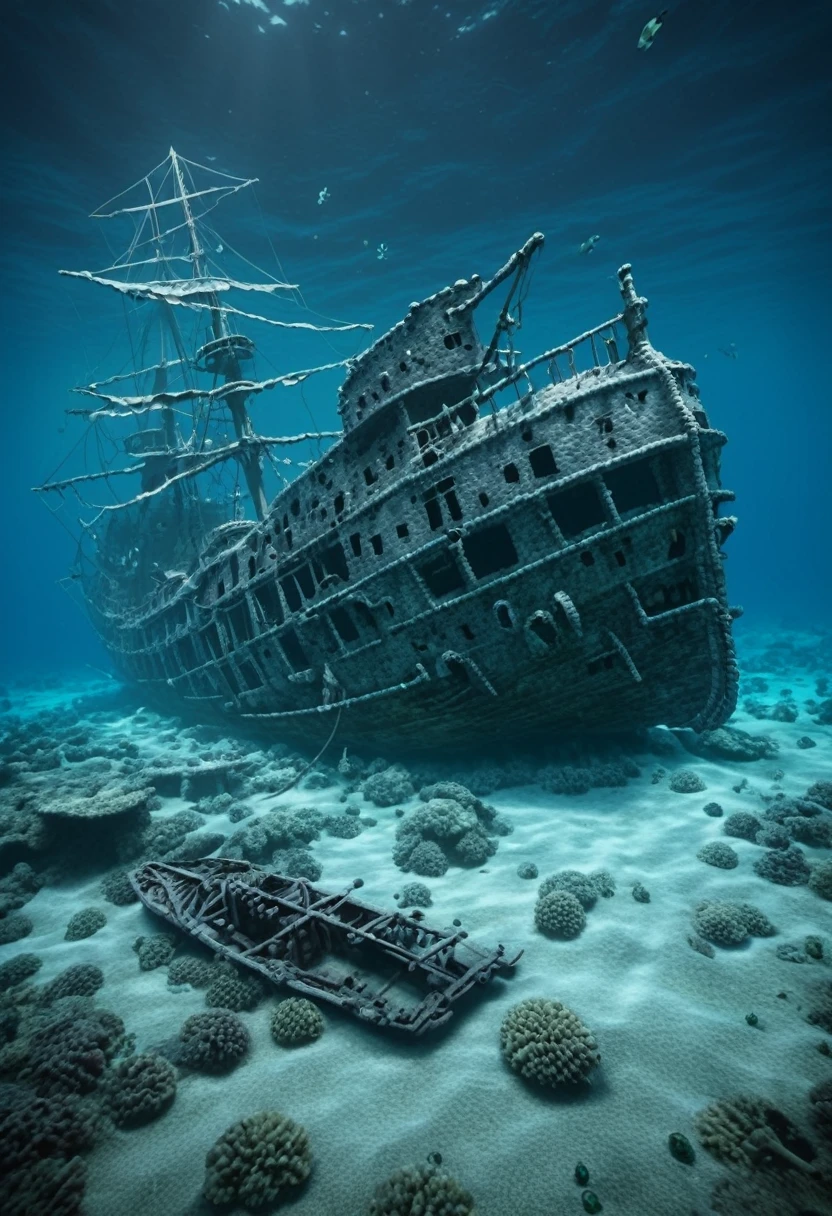 A ghostly shipwreck, resting hauntingly, spectral, forgotten, on the ocean floor, 1980s nostalgia, outrun style, (masterpiece, best quality, Professional, perfect composition, very aesthetic, absurdres, ultra-detailed, intricate details:1.3)
