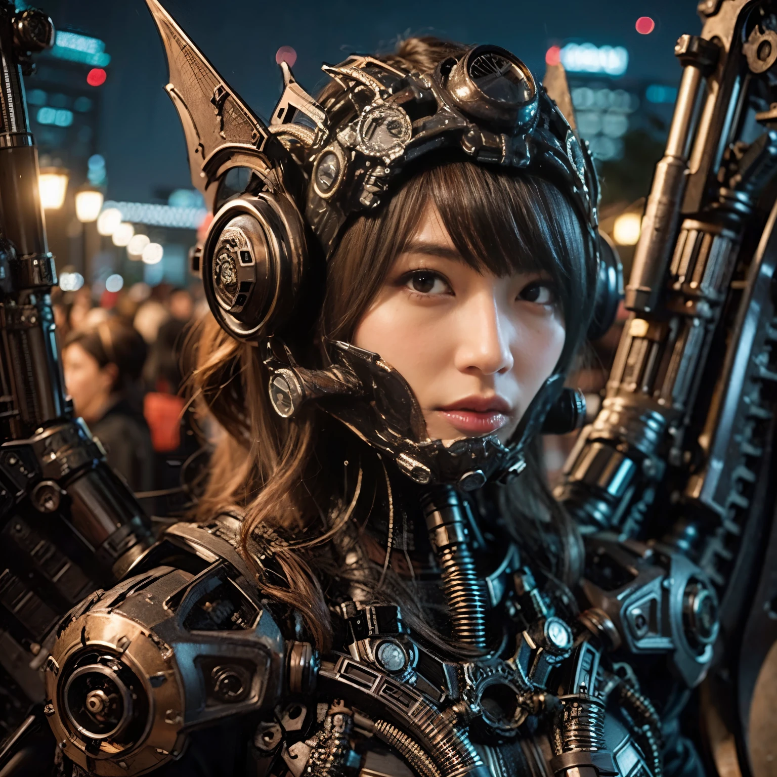 Masterpiece, (ultimate quality:1.2), 8k, Japanese woman in demon-type powered suit, very beautiful face, mechanical, (mechanical bat wings), hydraulic cylinder, power pipe, ultimately intricate details, full body shot, (ultimate photo Realistic:1.37), Park with a beautiful view at night, (Steampunk: 1.2), (Cyberpunk), Full body photo, Wide-angle shot,