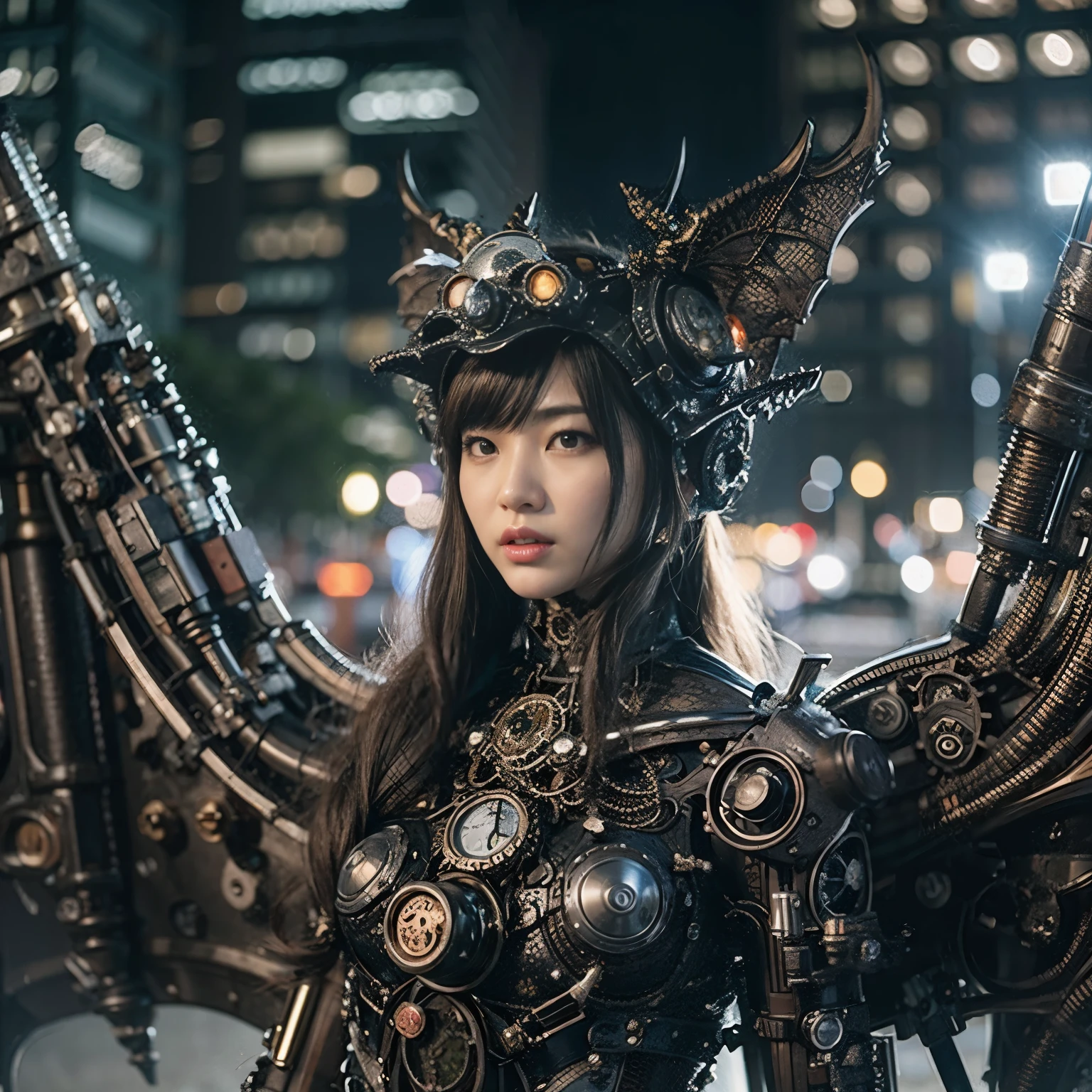 Masterpiece, (ultimate quality:1.2), 8k, Japanese woman in demon-type powered suit, very beautiful face, mechanical, (mechanical bat wings), hydraulic cylinder, power pipe, ultimately intricate details, full body shot, (ultimate photo Realistic:1.37), Park with a beautiful view at night, (Steampunk: 1.2), (Cyberpunk), Full body photo, Wide-angle shot,