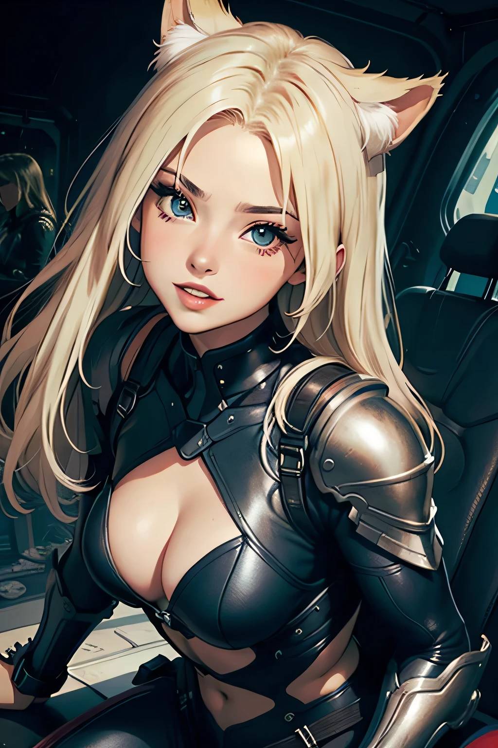 ((highest quality)), ((masterpiece)), (be familiar with), (High definition), 8K, Perfect Face、2Women、Two blonde women with cat ears、((Standing by in the mobile suit's 2cockpit))、Fearless smile、tall、2 Blonde cat ears、2. Long Hair、2. Volumetric hair style、Large Breasts、Narrow waist、Big Ass、glamorous、Alluring、protector、Armor、combat suit、Combat Boots、Armament、Cinematic、Best Shadow、Side lighting、NEO TOKYO、((cockpit))、(Close-up of face)