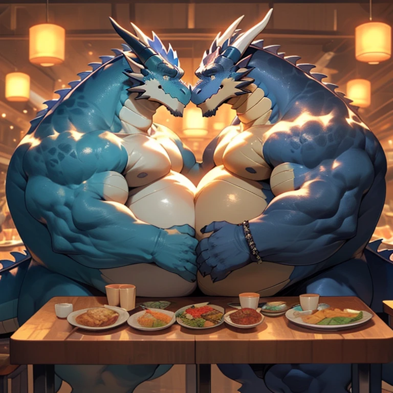 2 obese muscular, overweight belly, oversize belly, colossal belly, blue dragon wearing black tight underwear with a big gut, big pecs, big musclar arms, large legs and big ass kissing like a loving couple, they crushed an other dragon with their bellies against table in a night restaurant. Crushing each other with their oversize belly against a table. Oversize belly against oversize belly. Over size belly against oversize belly. Belly to belly. Lick each other oversize belly. Lick each other oversize belly. Lick each other oversize belly.
