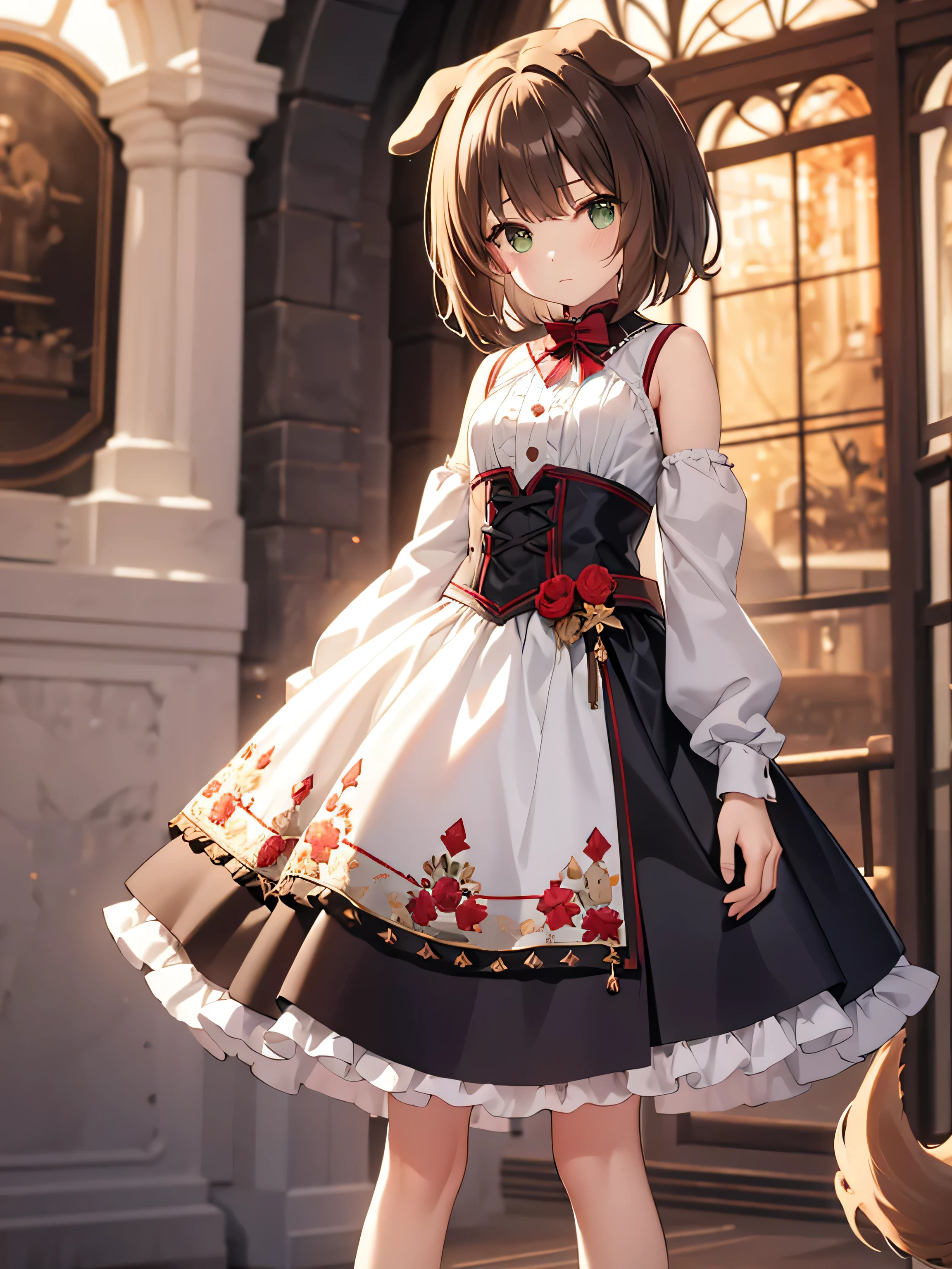 ****************, one person, Green Eyes, Brown Hair, Dog ears, Dog tail, Short Bob Hair, Small breasts,red and white gothic ****ta, mini skirt, Short stature, Expressionless, 32K image quality, Ancient battlefield, Clothes with very detailed embroidery,