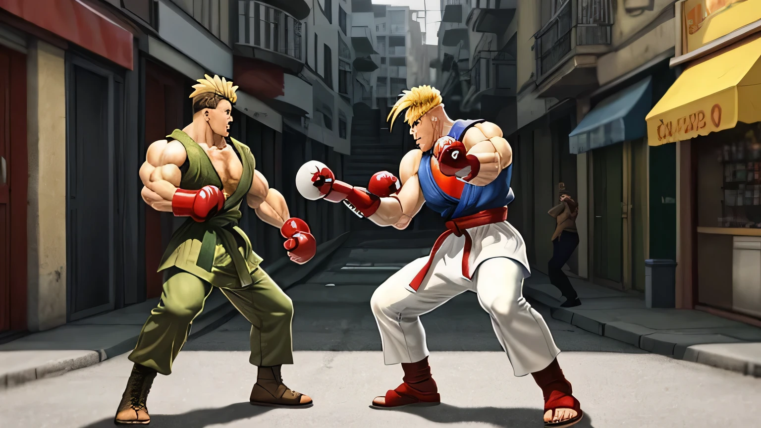 "Por favor, crie uma imagem de Guile do jogo Street Fighter II, in the 2003 Arcade version, da série Hyper Street Fighter II. Guile is an American soldier in an olive green military outfit, blonde hair combed back and a determined expression. He is in a characteristic combat pose, pronto para executar seus golpes especiais. Place it in an urban setting typical of the series, with a dynamic background that evokes the atmosphere of the game. Make sure you capture the essence and visual style of the Street Fighter series."