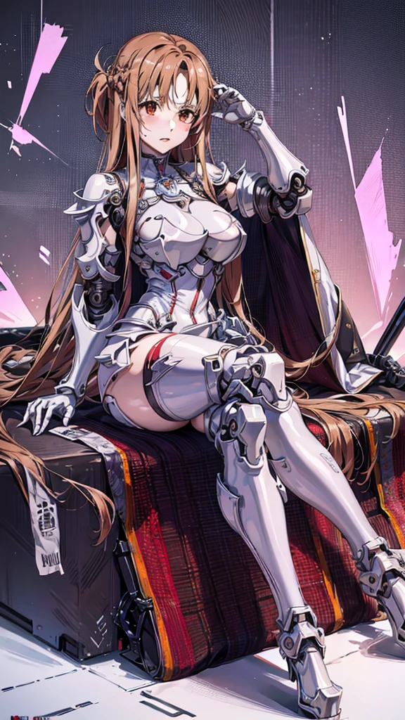 highest quality、unity 8k wallpaper、32k、masterpiece、Very detailed、Ultra-high resolution、Ultra-high resolution、(((Android Yuuki Asuna)))、Knights of the Blood Oath Uniform、Androidization、Robot Girl、Red and white armor with dressy mechanical limbs、thigh、Big Tits Tech Girl、Machinery Parts、Super complexly expressedRobot Joints、Robot Joints、Robot Fingertips、Single Mechanical Arm、Mechanical Arm、headgear、headset、Detailed mechanical body、A mechanical corset covered in elaborate armor.、Stiletto heels、Realistic and complex camera eye、A complex fusion of body and machine、Legs covered in white and red armor、Robotic knee joint、Mechanically generated fingers、Eyes like a mechanical camera、Anatomically correct machine、The whole body is covered in machinery、Dressed in red and white armor、Beautiful posture、Princess Half Up Hairstyle、