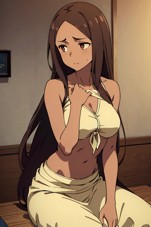 ((best quality)), ((masterpiece)), (detailed), perfect face, brown skin anime woman in a deep V Neck front-tie top, (bare shoulders), (long skirt), (cool patterned top), famished in hunger, (gently resting hands on stomach), (long hair), (hands on her stomach), (slim and fit woman), (embarrassed expression), the brown skin anime woman is sitting next to a boy