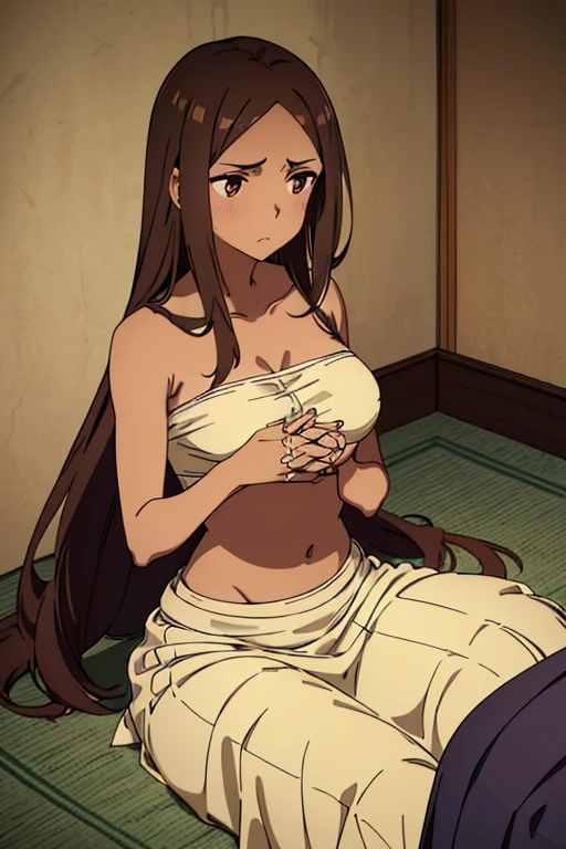 ((best quality)), ((masterpiece)), (detailed), perfect face, brown skin anime woman in a deep V Neck front-tie top, (bare shoulders), (long skirt), (cool patterned top), famished in hunger, (gently resting hands on stomach), (long hair), (hands on her stomach), (slim and fit woman), (embarrassed expression), the brown skin anime woman is sitting next to a boy
