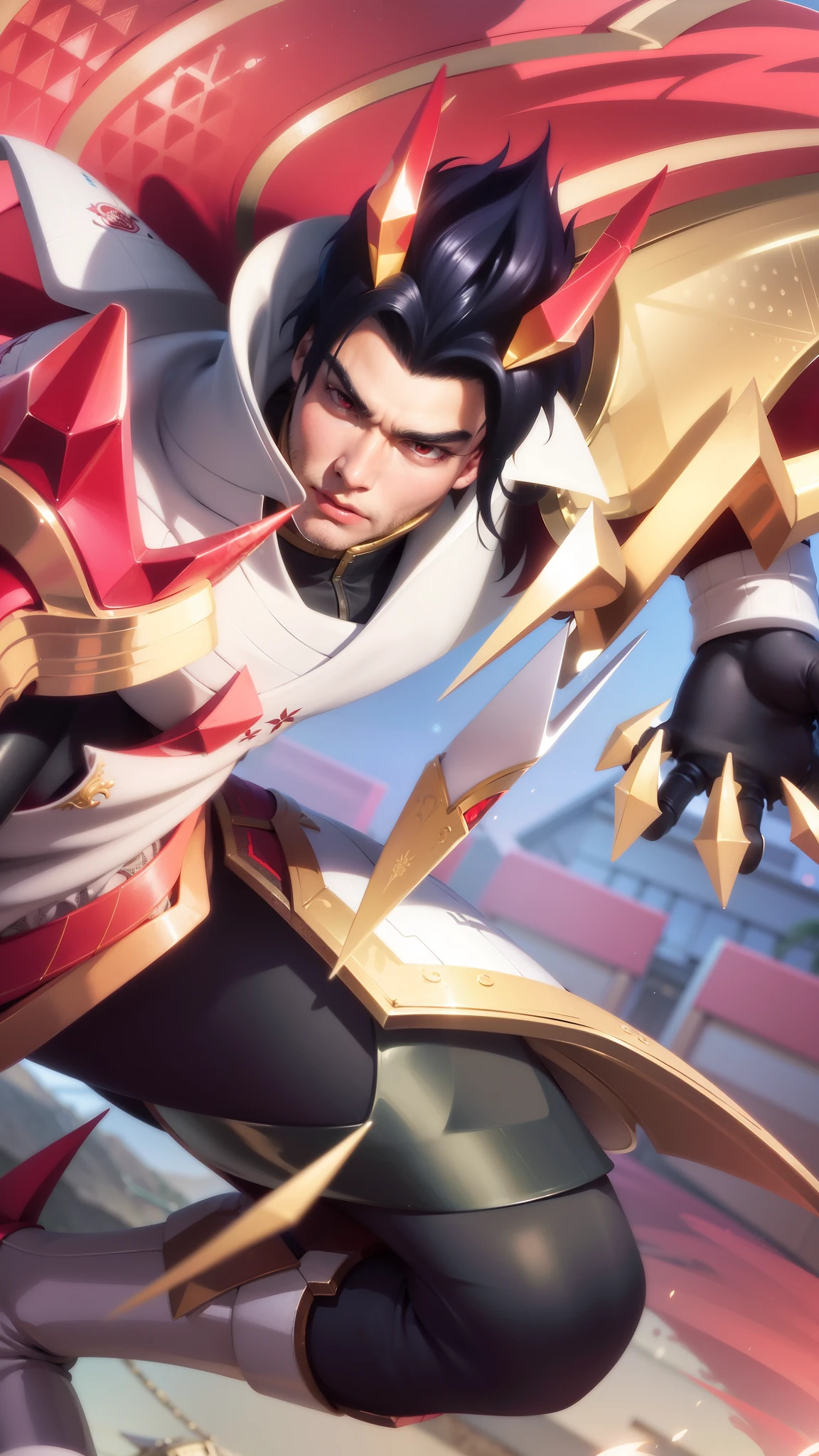a close up of a guy with a sword and a red cape, son of sparda, handsome guy in demon slayer art, Best quality, masterpiece, detailed skin texture, detailed clothes texture, detailed face, super detail, 8k, intricate detail, The color doesn't change, Muscle guy, 1 guy, red eyes.