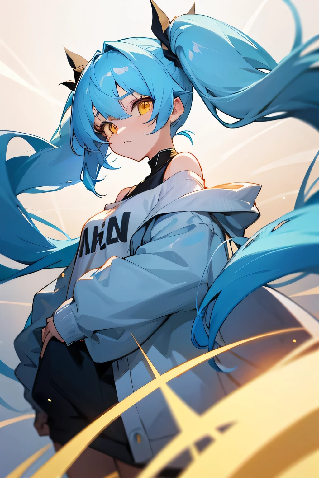 1woman, long hair, twin tails, golden eyes, light blue hair, sweatshirt off shoulder