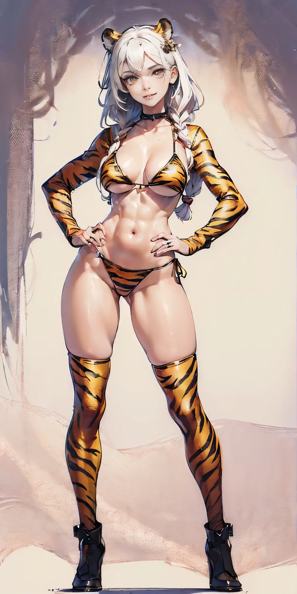 (((Plain background 1:2))) (masterpiece, high quality: 1.1) 1girl solo full body height standing straight symmetrical looking to the viewer, view from below, far shot, cow boy shot, hairstyle with a braid, white colored hair, yellow eyes, perfect lighting, muscular, thighs, mature woman, mummy, bellybutton, abs, looks at the viewer smile RED CHEEKS, extremely huge breasts, maternal, porcelain skin, extra very long hair, sparkly skin, good face, chest cover, HANDS ON HIPS (yellow tiger bikini print long sleeves and long stockings)