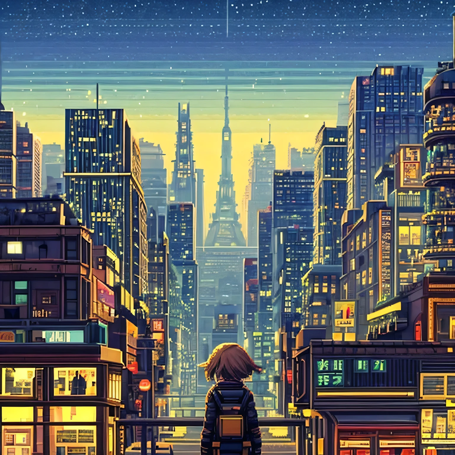 There is a girl with little clothes walking through the streets of a futuristic city, post-apocalyptic night city, in a cityscape with starry sky, uma cidade tomada pela flora natural, arte conceitual de pixel art, city illuminated by the starry sky