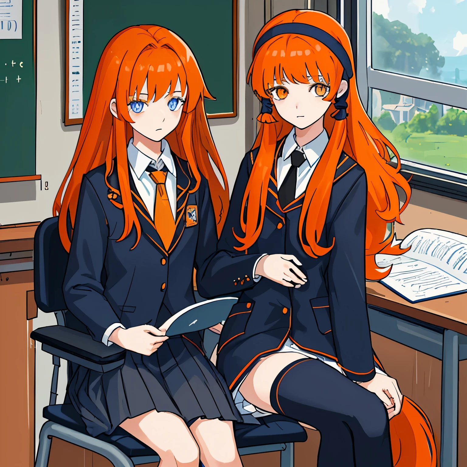 A girl, 5'7, black and slightly orange hair, blue and wide eyes, long hair with horse style also have 2 long hair in front with different side, wearing a student uniform and sitting on a school chair