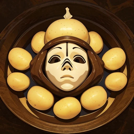 a figurehead made of many potatoes, mask, abstract, distorted reality, Illusion, yellow-brown tone, illustration
