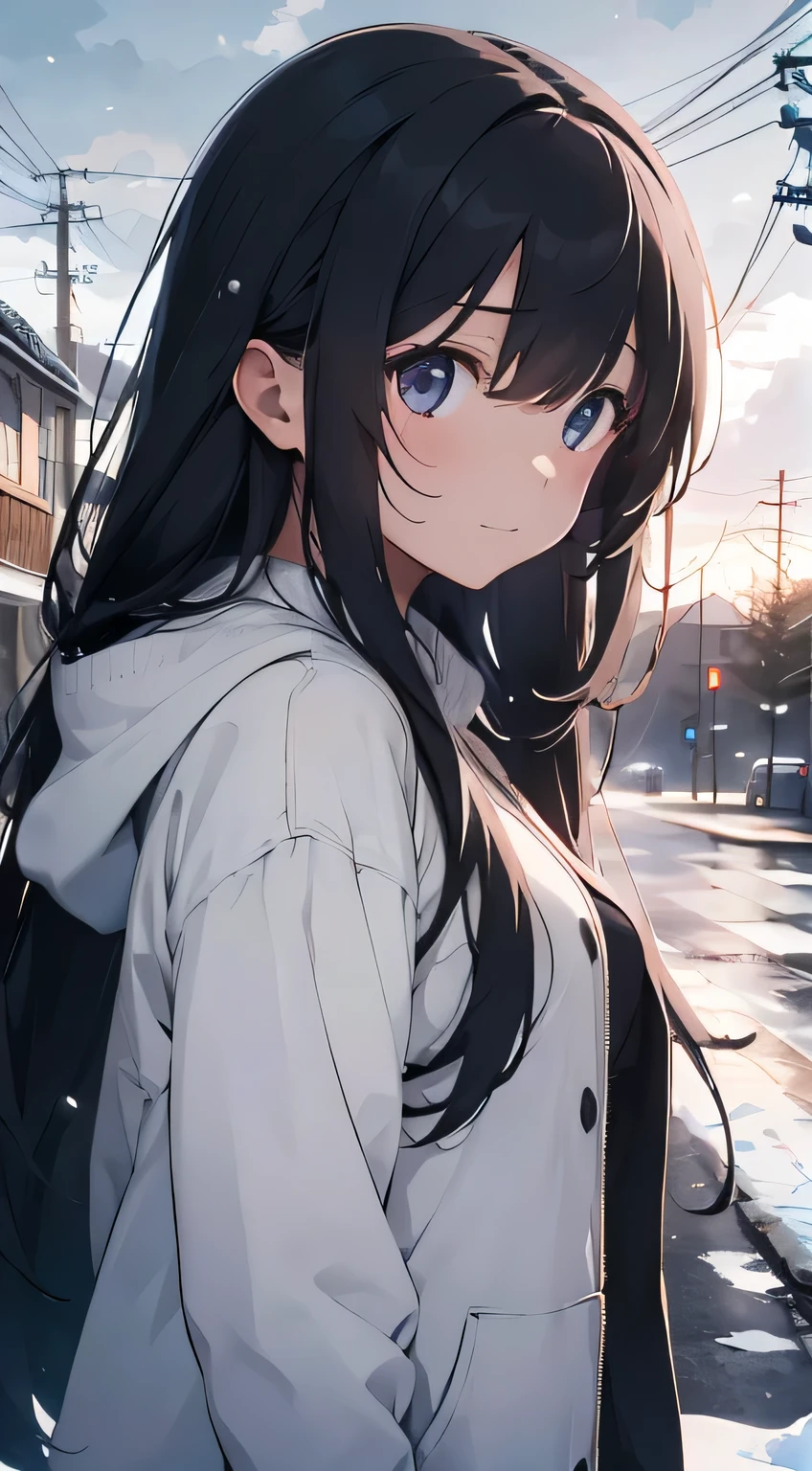 Generate an image of 1girl, long hair, who appears melancholic and sad but also forcefully smiling and transient in her expression, the environment is covered in snow and skies are clouded, winter season, absurdres, high res, ultrasharp, 8K, masterpiece, Looking at viewer