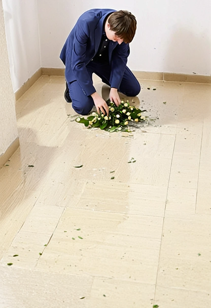 Seeing a flower pot fallen on the floor in the hall room, a 20 year old boy burst into tears.