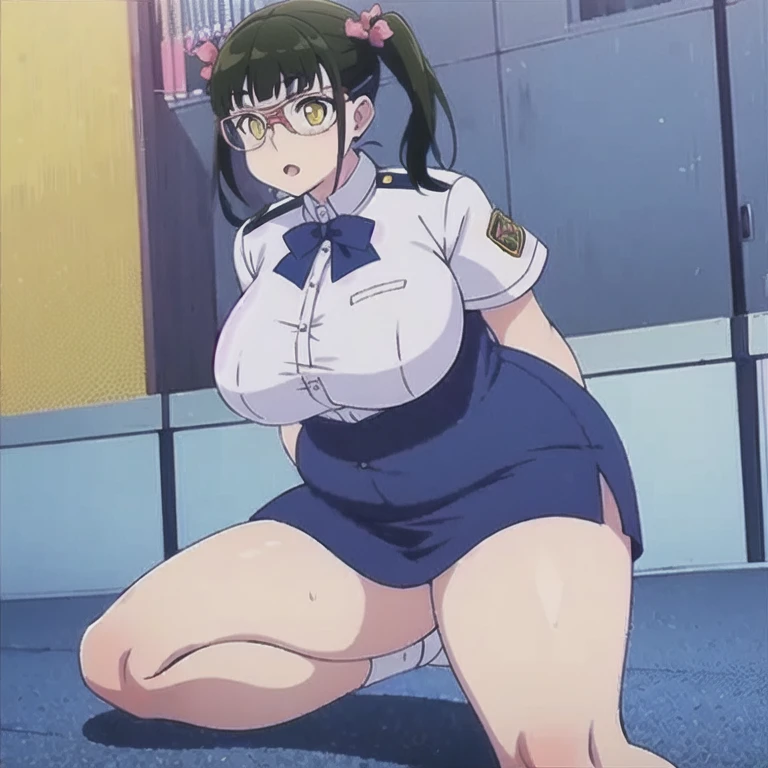 (masterpiece, best quality:1.2), 1girl, solo,chuby,plump,gigantic breasts,thick tighs,wide hip,brack hair,twintail,eye glasses,yellow eyes, uniform, sitting
