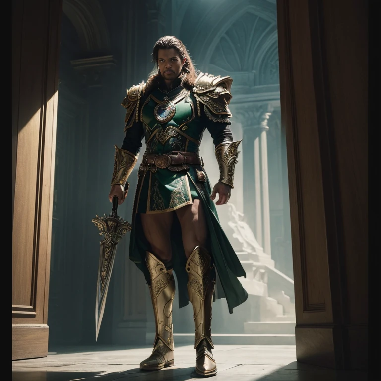 (master piece:1.5), (best quality:1.5), (exquisite lighting and shadow, highly dramatic picture, cinematic lens effect) (Photorealistic picture) (Card game image) 8k, wallpaper, dynamic pose, full body male eagle head man wearing an intricate elaborate white armor with green ornaments, holding a big war hammer, standing up un a tower, mountains at the far distance, ethereal lighting, sharp focus, highly detailed, realistic, cinematic lighting, studio quality