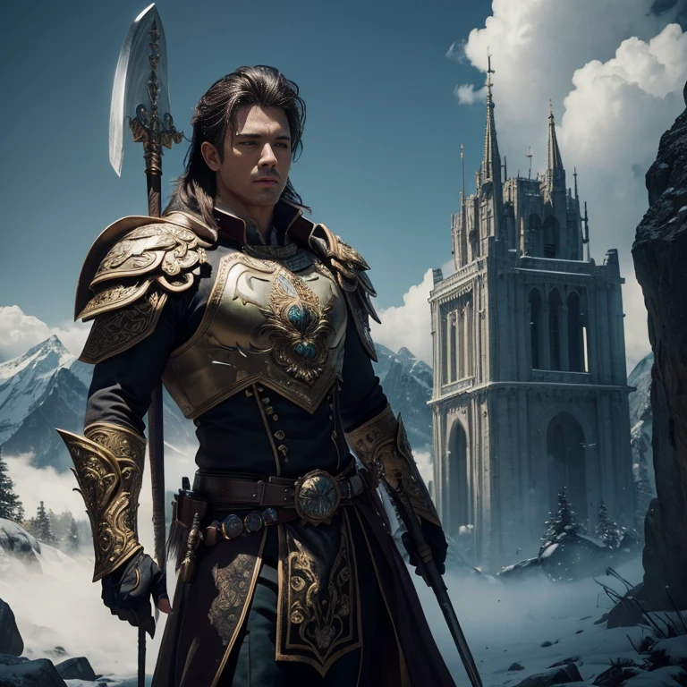 (master piece:1.5), (best quality:1.5), (exquisite lighting and shadow, highly dramatic picture, cinematic lens effect) (Photorealistic picture) (Card game image) 8k, wallpaper, dynamic pose, full body male eagle head man wearing an intricate elaborate white armor with green ornaments, holding a big war hammer, standing up un a tower, mountains at the far distance, ethereal lighting, sharp focus, highly detailed, realistic, cinematic lighting, studio quality
